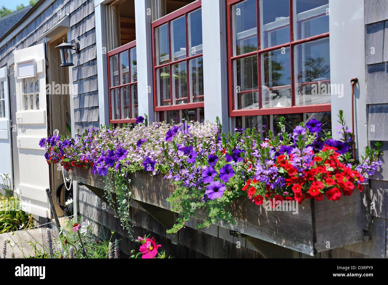 Colorful flower boxes in the main village on Nantucket Island, MA Stock