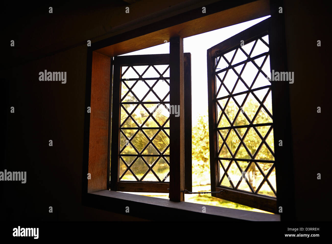 Original leaded glass pane windows inside the Jethro Coffin House