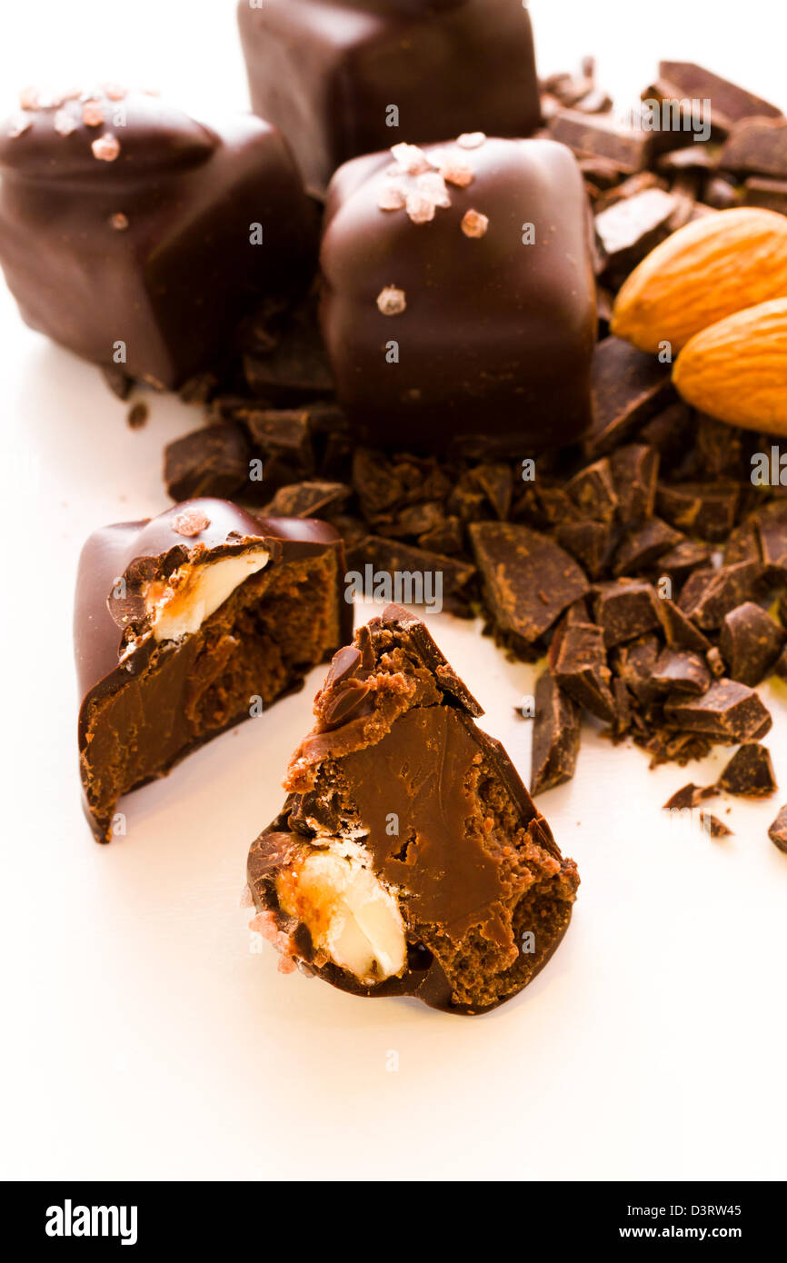 Gourmet dark chocolate with almonds truffles hand made by chocolatier