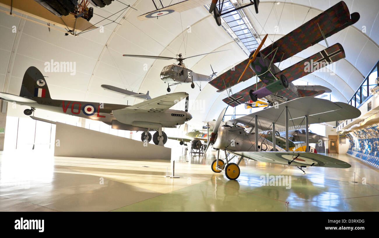 Variety of aircrafts on display in one hanger of the Royal Air Force (RAF) Museum, London, England, UK Stock Photo