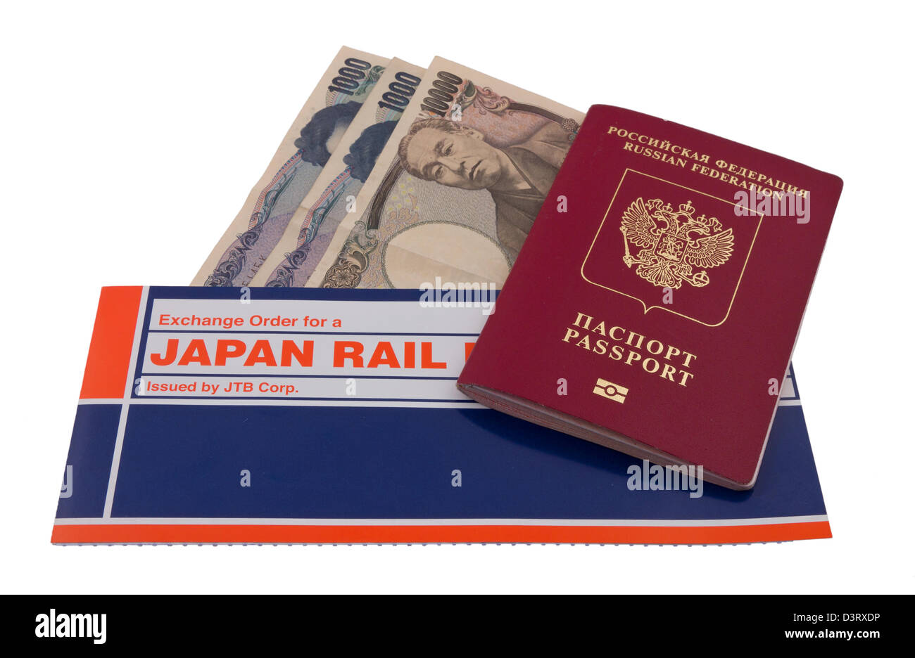 Trip to Japan from Russia: Japanese money, Russian passport, Japan Rail pass Stock Photo