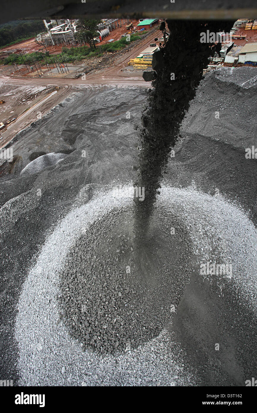 Copper ore pouring off a conveyor belt at FQM Kansanshi mine (portrait orientation) Stock Photo