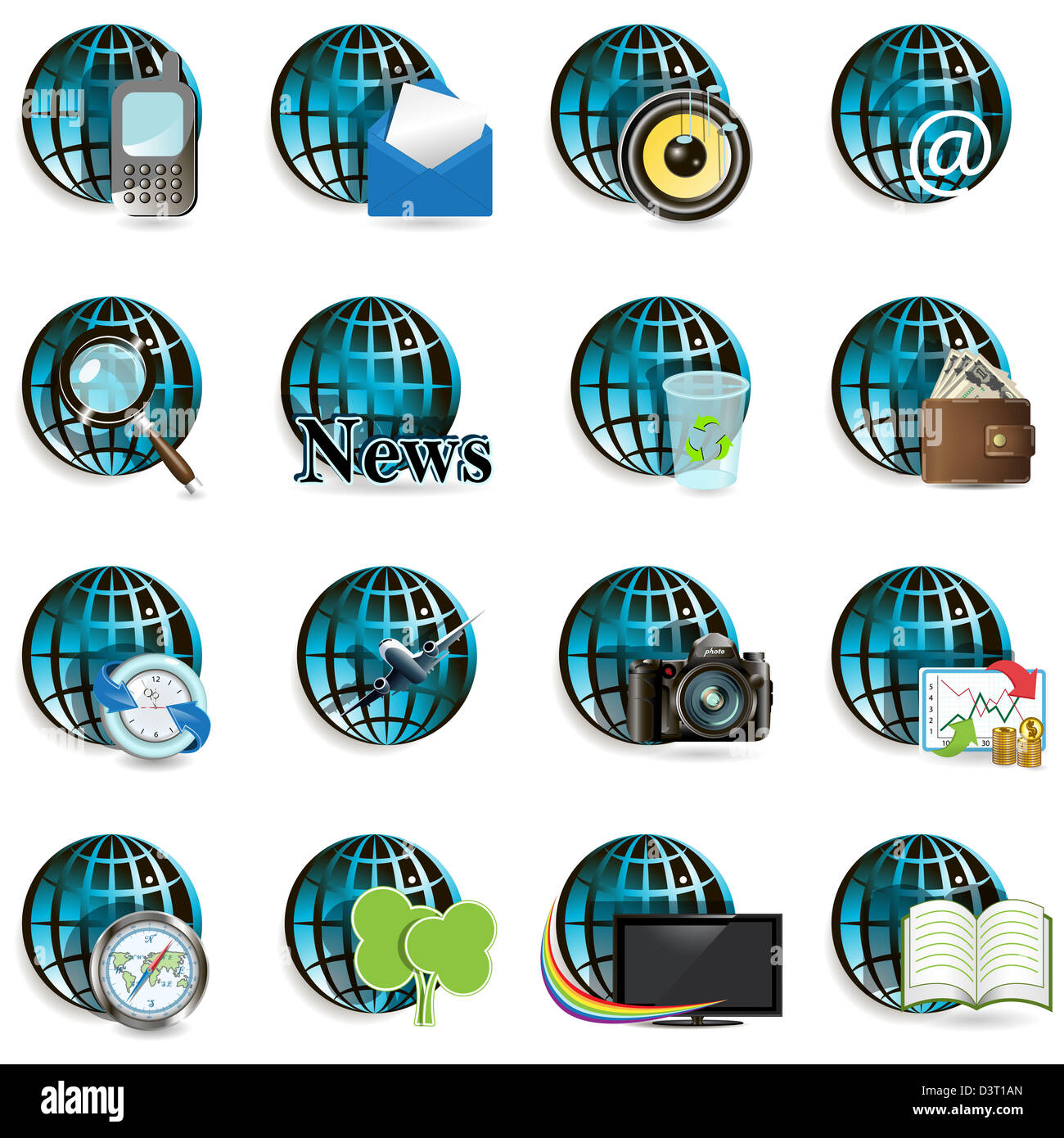 illustration, sixteen computer icons with blue globe Stock Photo - Alamy
