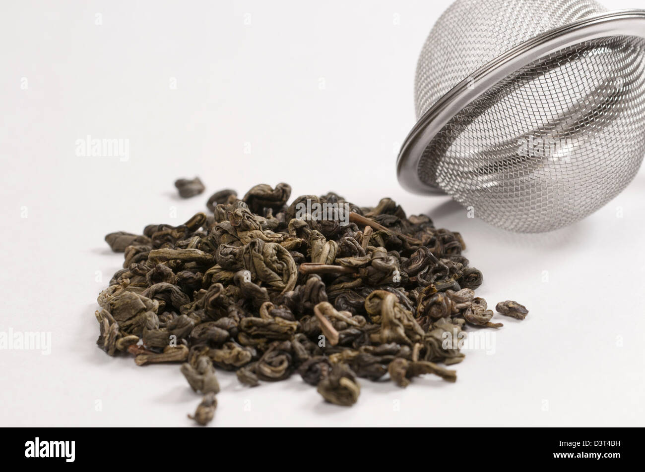 Green tea and a strainer for brewing Stock Photo