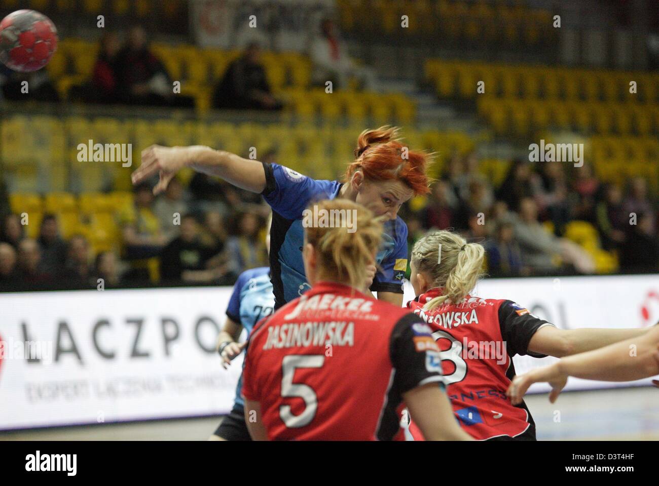 Poland 24th, February 2013 Handball: Final Four of the PGNiG Polish Cup. Vistal Laczpol Gdynia v KPR Ruch Chorzow game for 3th place in the Cup at HSW sports hall in Gdynia.   Duran Katarzyna (26) in action during the game Stock Photo