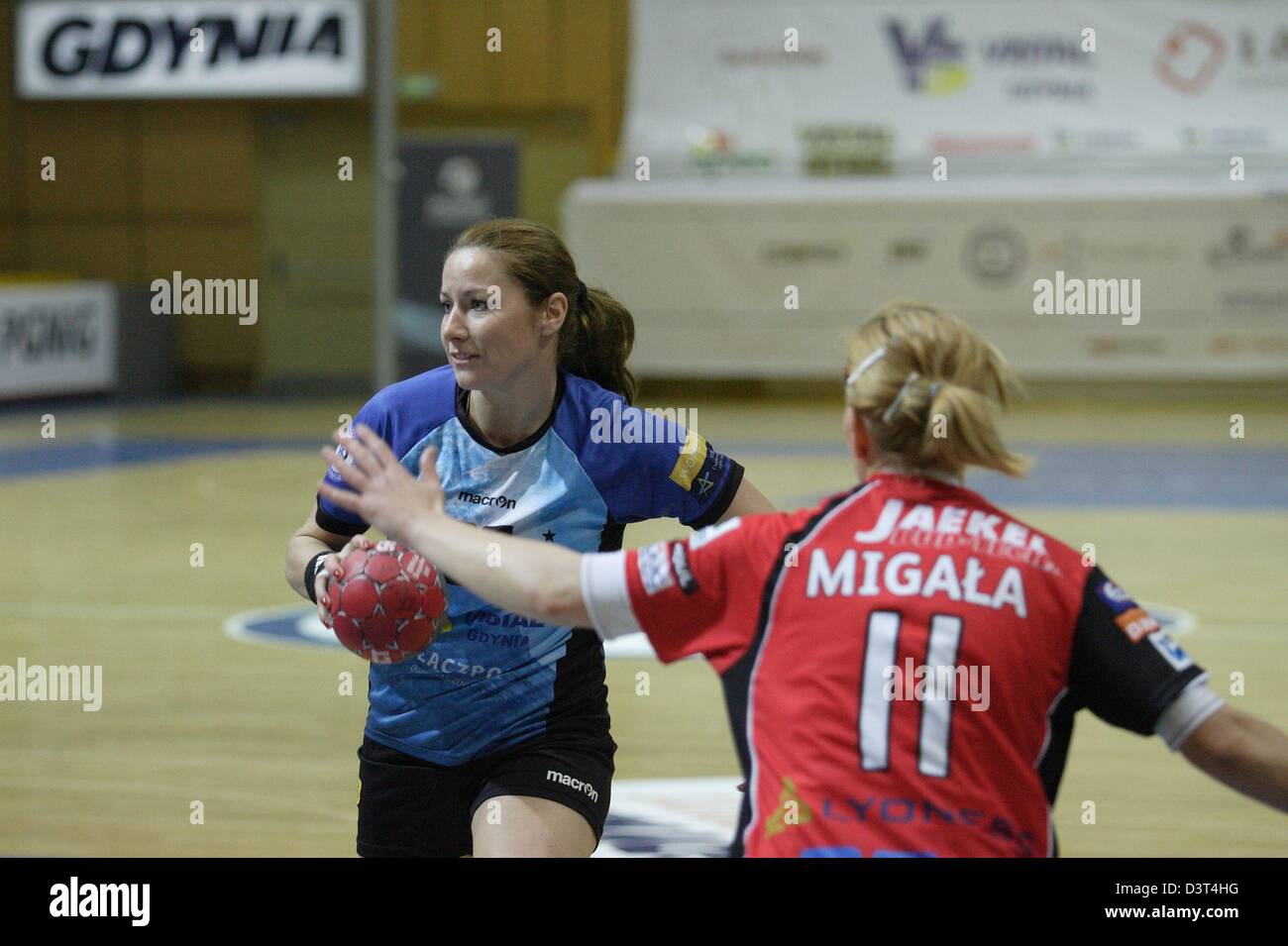 Poland 24th, February 2013 Handball: Final Four of the PGNiG Polish Cup. Vistal Laczpol Gdynia v KPR Ruch Chorzow game for 3th place in the Cup at HSW sports hall in Gdynia.Monika Migala (11) in action during the game Stock Photo
