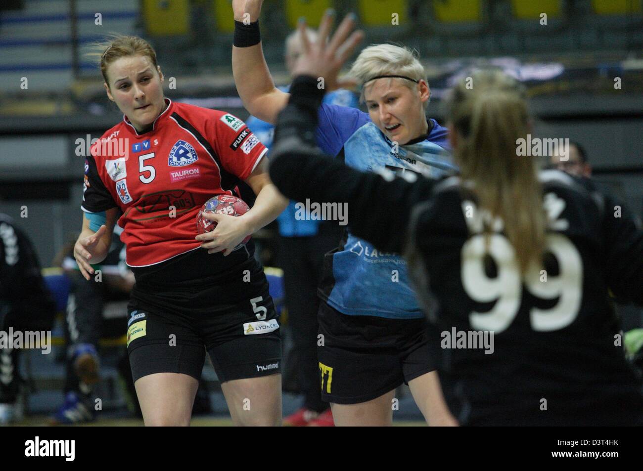 Poland 24th, February 2013 Handball: Final Four of the PGNiG Polish Cup. Vistal Laczpol Gdynia v KPR Ruch Chorzow game for 3th place in the Cup at HSW sports hall in Gdynia. Karolina Jasinowska(5) in action during the game Stock Photo
