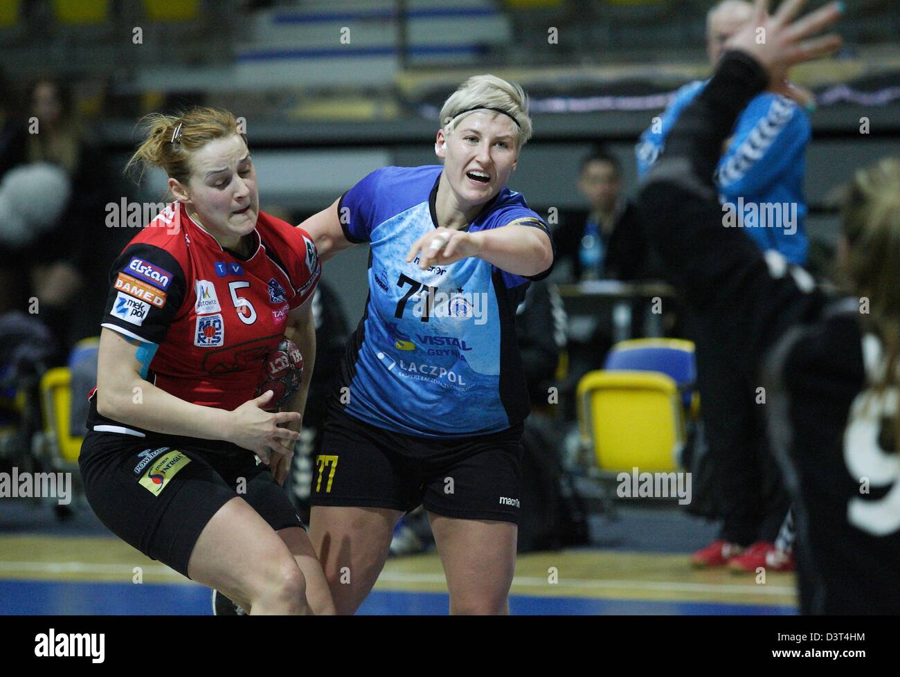 Poland 24th, February 2013 Handball: Final Four of the PGNiG Polish Cup. Vistal Laczpol Gdynia v KPR Ruch Chorzow game for 3th place in the Cup at HSW sports hall in Gdynia. Kulwinska Patrycja (77)  in action during the game Stock Photo