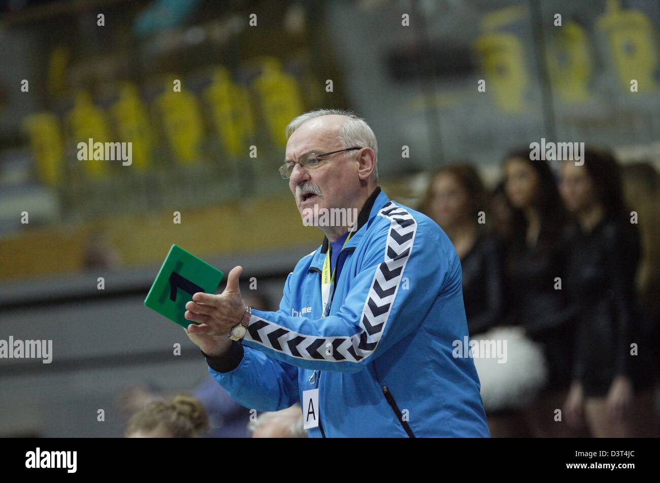 Poland 24th, February 2013 Handball: Final Four of the PGNiG Polish Cup. Vistal Laczpol Gdynia v KPR Ruch Chorzow game for 3th place in the Cup at HSW sports hall in Gdynia. Janusz Szymczyk - KPR team head coach   during the game Stock Photo