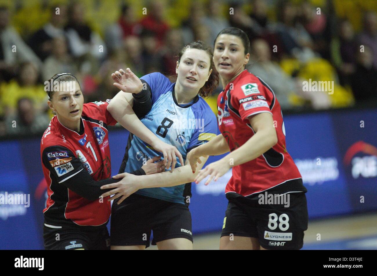 Poland 24th, February 2013 Handball: Final Four of the PGNiG Polish Cup. Vistal Laczpol Gdynia v KPR Ruch Chorzow game for 3th place in the Cup at HSW sports hall in Gdynia. Bialek Agnieszka (8)  in action during the game Stock Photo