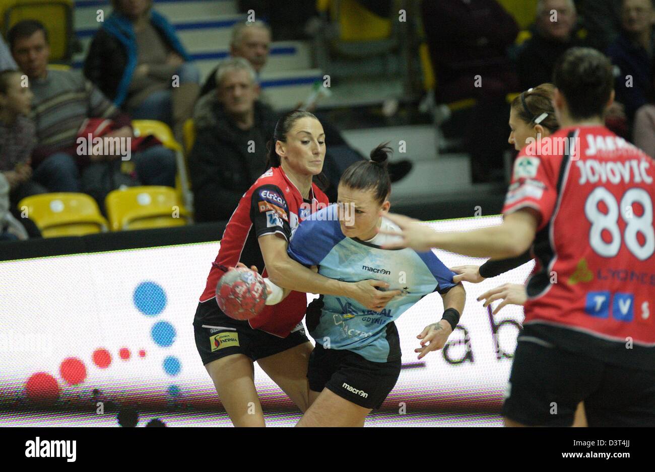 Poland 24th, February 2013 Handball: Final Four of the PGNiG Polish Cup. Vistal Laczpol Gdynia v KPR Ruch Chorzow game for 3th place in the Cup at HSW sports hall in Gdynia. Kinga Grzyb (10)  in action during the game Stock Photo