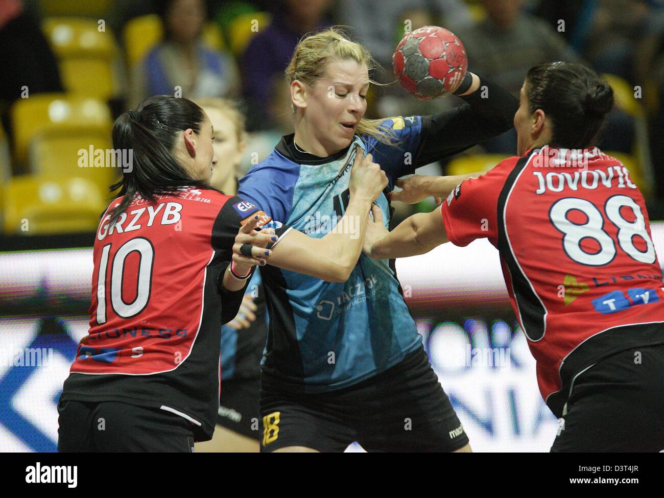 Poland 24th, February 2013 Handball: Final Four of the PGNiG Polish Cup. Vistal Laczpol Gdynia v KPR Ruch Chorzow game for 3th place in the Cup at HSW sports hall in Gdynia. Zych Aleksandra (18)  in action during the game Stock Photo