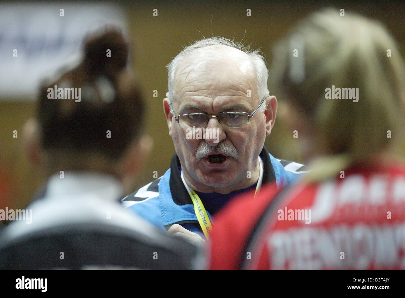 Poland 24th, February 2013 Handball: Final Four of the PGNiG Polish Cup. Vistal Laczpol Gdynia v KPR Ruch Chorzow game for 3th place in the Cup at HSW sports hall in Gdynia. Janusz Szymczyk - KPR team head coach   during the game Stock Photo