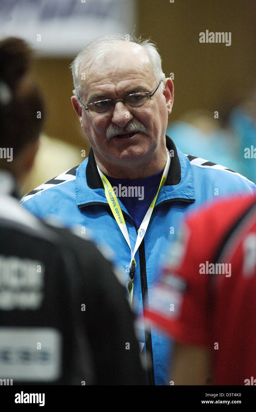 Poland 24th, February 2013 Handball: Final Four of the PGNiG Polish Cup. Vistal Laczpol Gdynia v KPR Ruch Chorzow game for 3th place in the Cup at HSW sports hall in Gdynia. Janusz Szymczyk - KPR team head coach   during the game Stock Photo