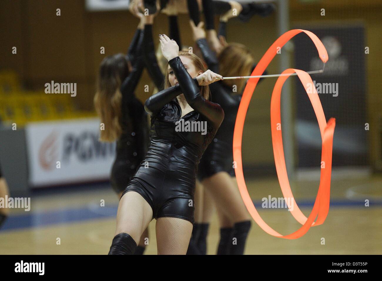 Poland 24th, February 2013 Handball: Final Four of the PGNiG Polish Cup. Vistal Laczpol Gdynia v KPR Ruch Chorzow game for 3th place in the Cup at HSW sports hall in Gdynia.The 'Gdynia Cheerleaders' perform during the half-time Stock Photo