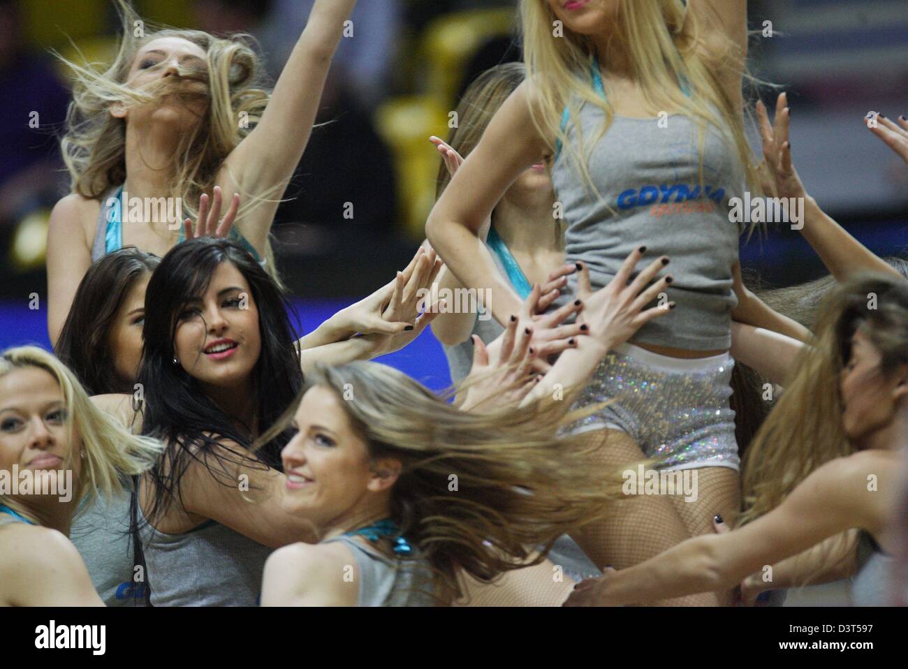 Poland 24th, February 2013 Handball: Final Four of the PGNiG Polish Cup. Vistal Laczpol Gdynia v KPR Ruch Chorzow game for 3th place in the Cup at HSW sports hall in Gdynia.The 'Gdynia Cheerleaders' perform during the half-time Stock Photo