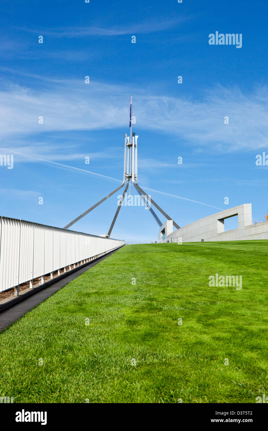 View of Parliament House flagpole from The rooftop lawn. Canberra, Australian Capital Territory (ACT), Australia Stock Photo