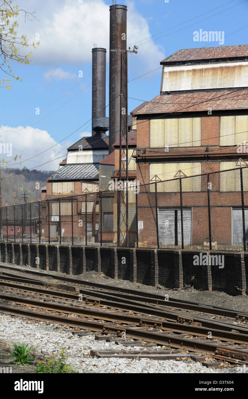 Steel mill buildings and railroad tracks close up in the Pennsylvania rust belt. Stock Photo