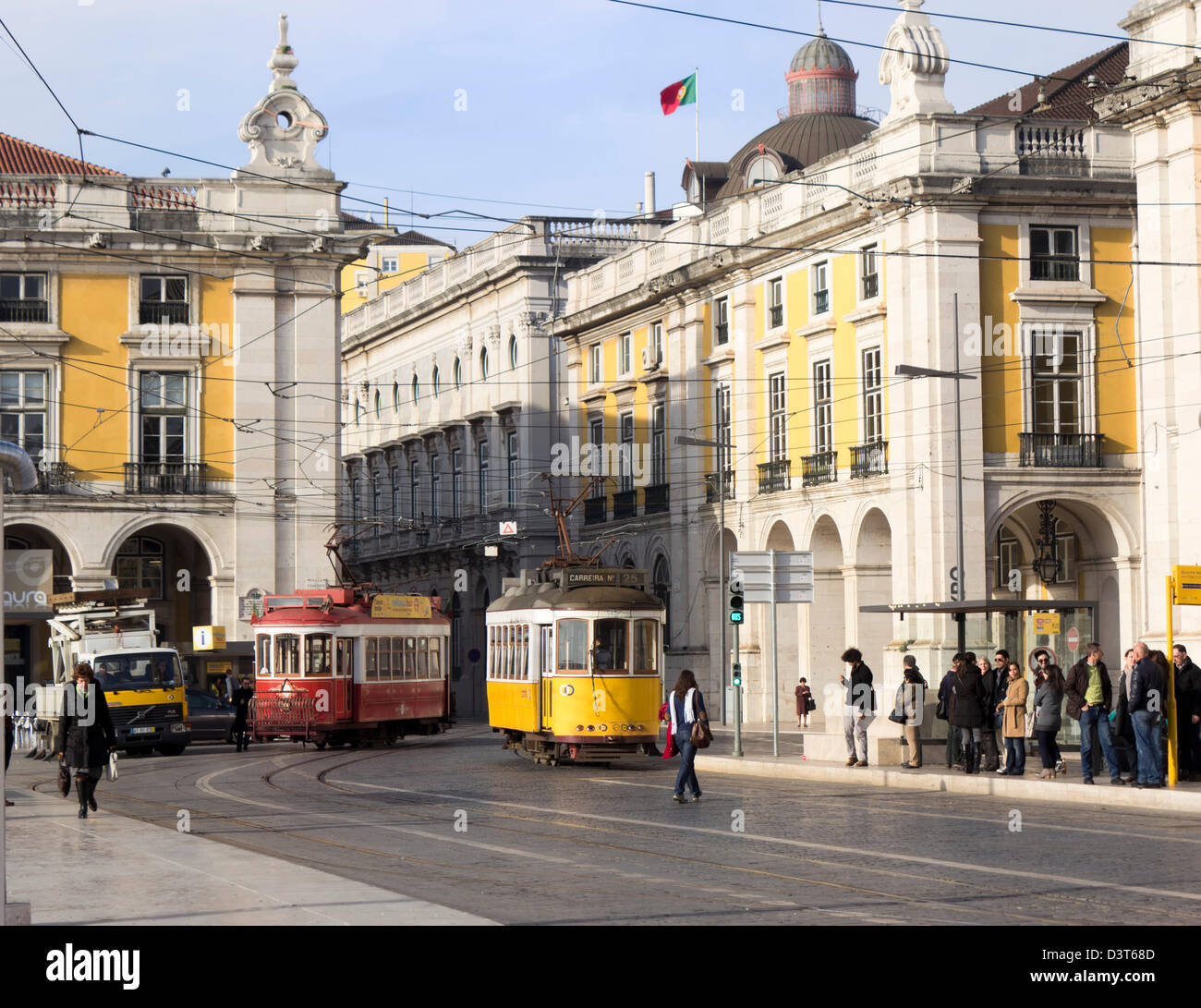 The Praça do Comércio, Lisbon, Portugal. Typical trams. Stock Photo