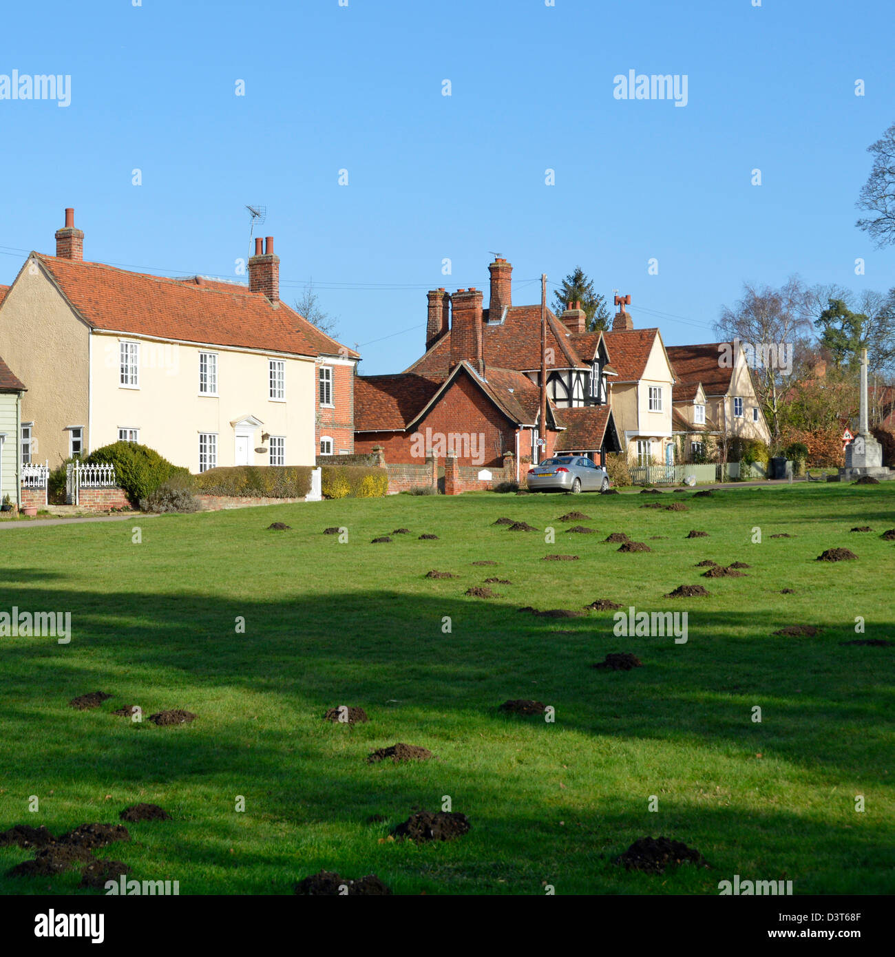 Village green with mole hills and country homes Stock Photo