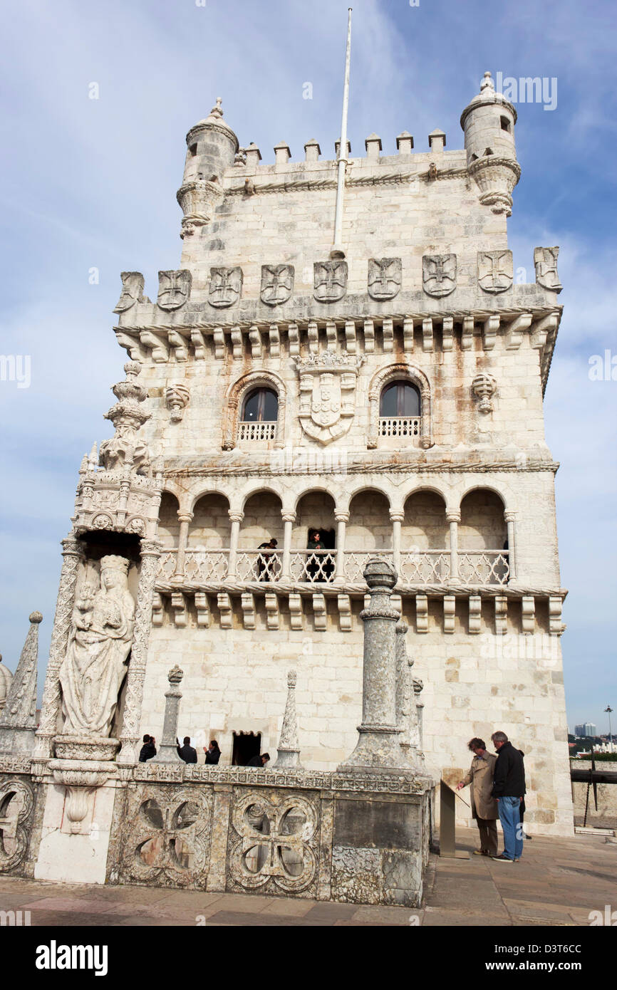 Detail of the Belém Tower aka Torre de Belém, or the Tower of St Vincent, Santa Maria de Belém, Lisbon, Portugal. Stock Photo