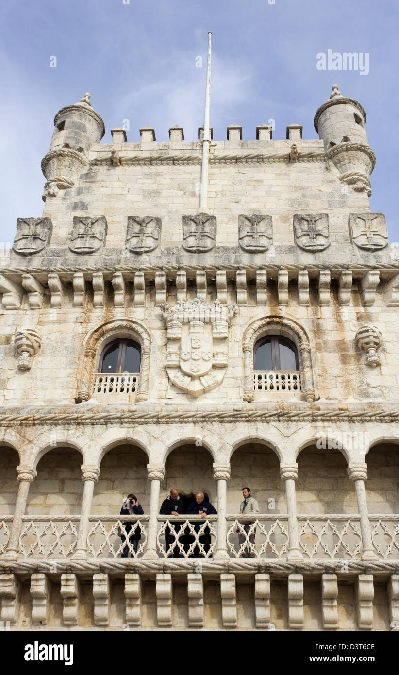 Detail of the Belém Tower aka Torre de Belém, or the Tower of St Vincent, Santa Maria de Belém, Lisbon, Portugal. Stock Photo