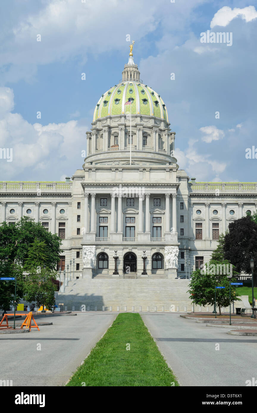 Capitol building in Harrisburg Pennsylvania, state government offices under sunny summer skies with large green rotunda. Stock Photo