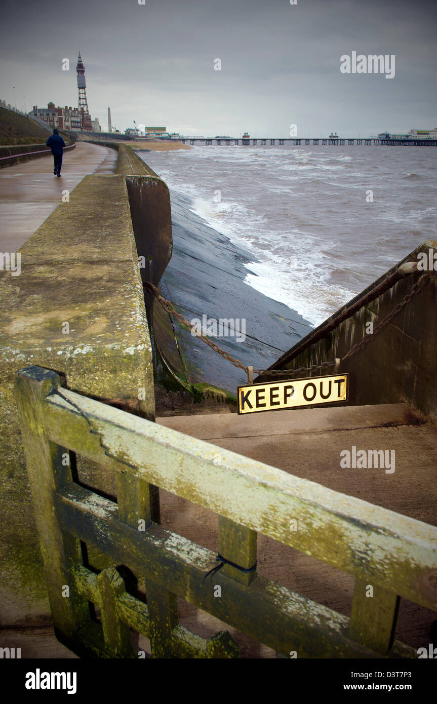 The old sea defences in North Shore,Blackpool,at high tide in winter Stock Photo