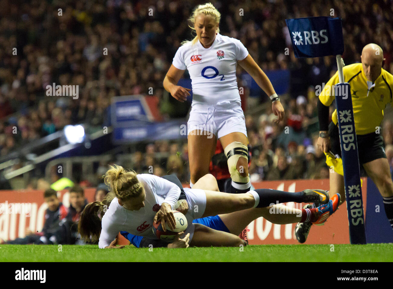 Kay Wilson Rugby Kay Wilson (Eng) scoring Englands first try, tackled by Elodie Poublan ...