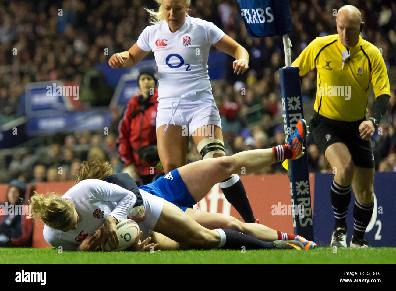 Kay Wilson Rugby Kay Wilson (Eng) scoring Englands first try, tackled by Elodie Poublan ...