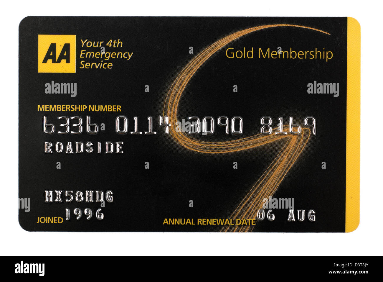 AA gold membership Roadside breakdown card with edited registration and membership number. Editorial Only Stock Photo