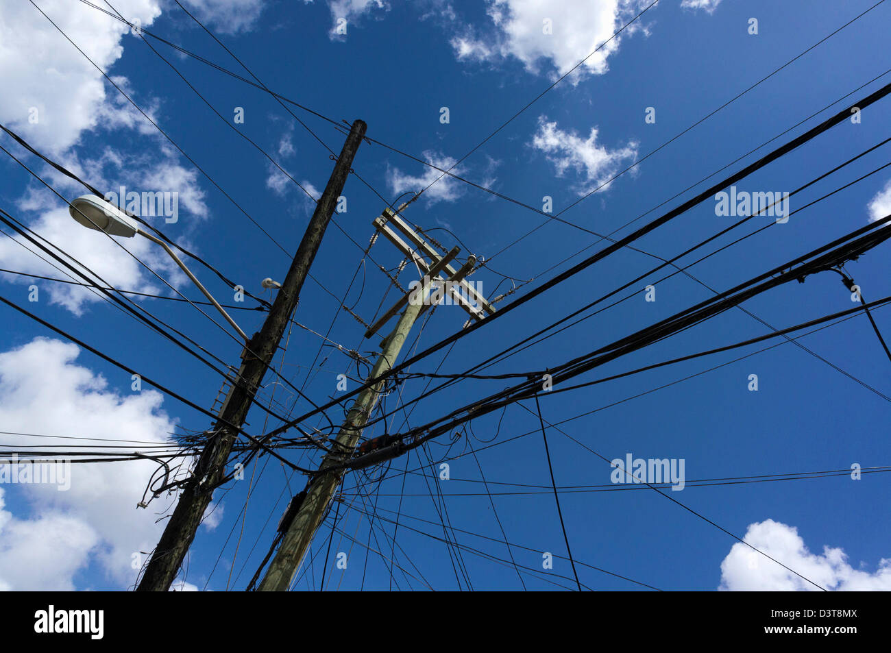 Mass of telephone and power lines Stock Photo