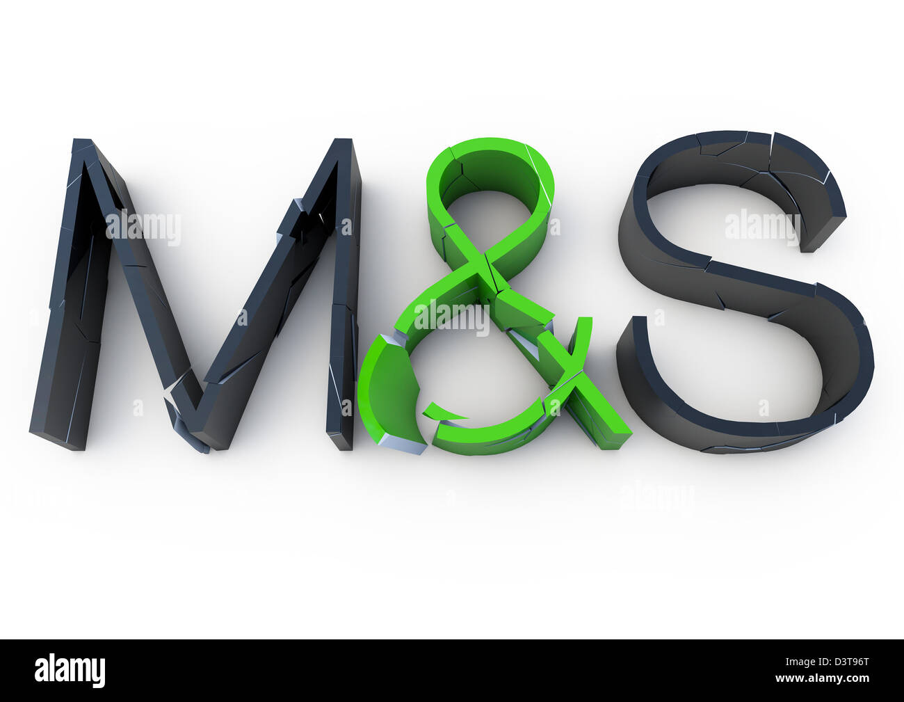 3D render of a cracking and crumbling M&S logo - Concept image - White background Stock Photo