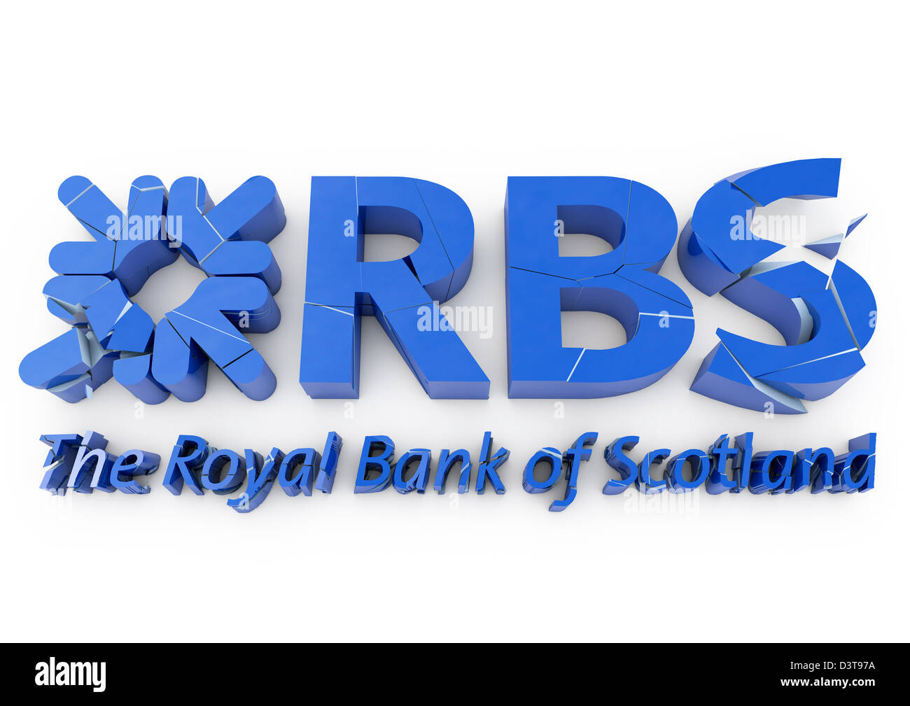 3D render of a cracking and crumbling RBS / Royal Bank of Scotland logo - Concept - White background Stock Photo