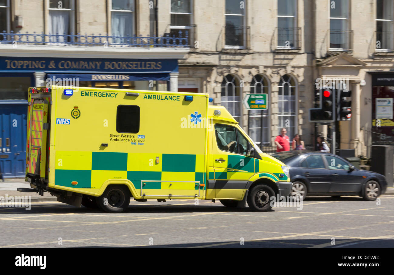 Great Western NHS Trust emergency ambulance with flashing blue lights