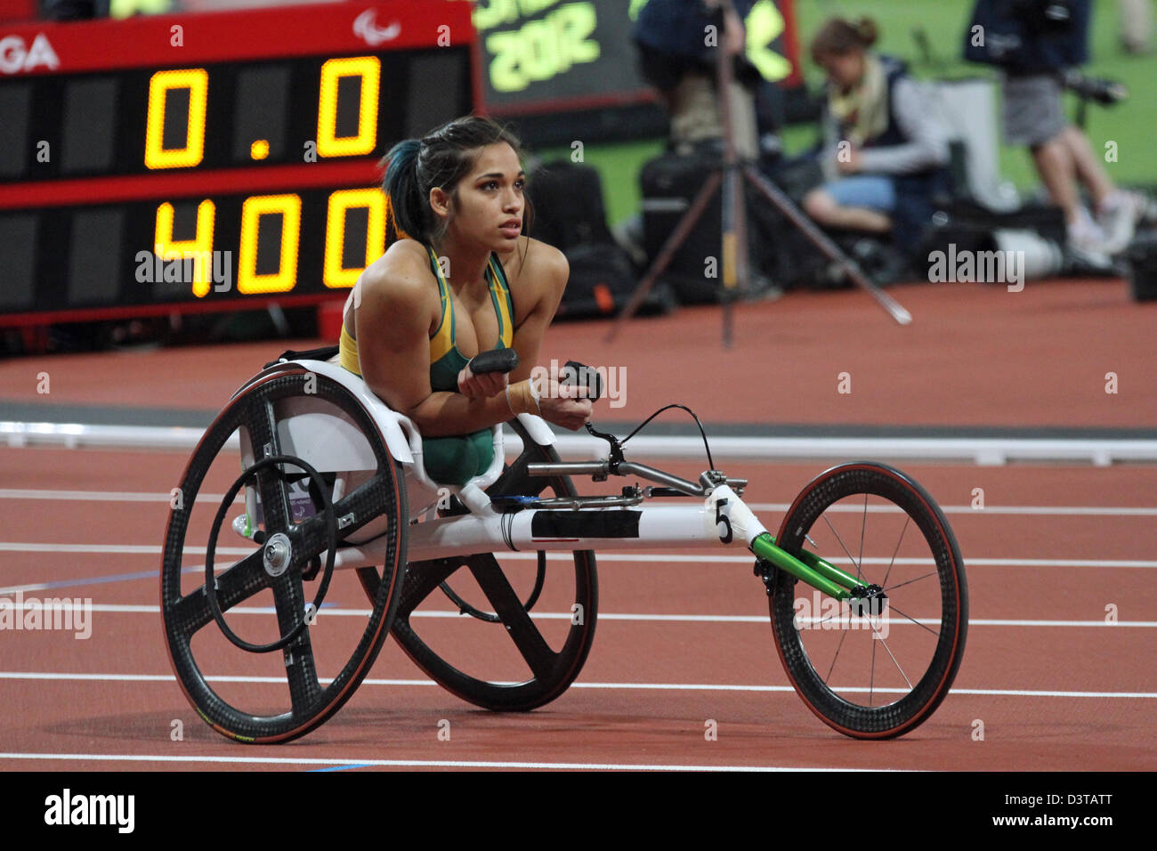 Madison de Rozario of Australia in the womens 400m - T53 wheelchair race at the London 2012 Paralympic games in Stratford, Stock Photo