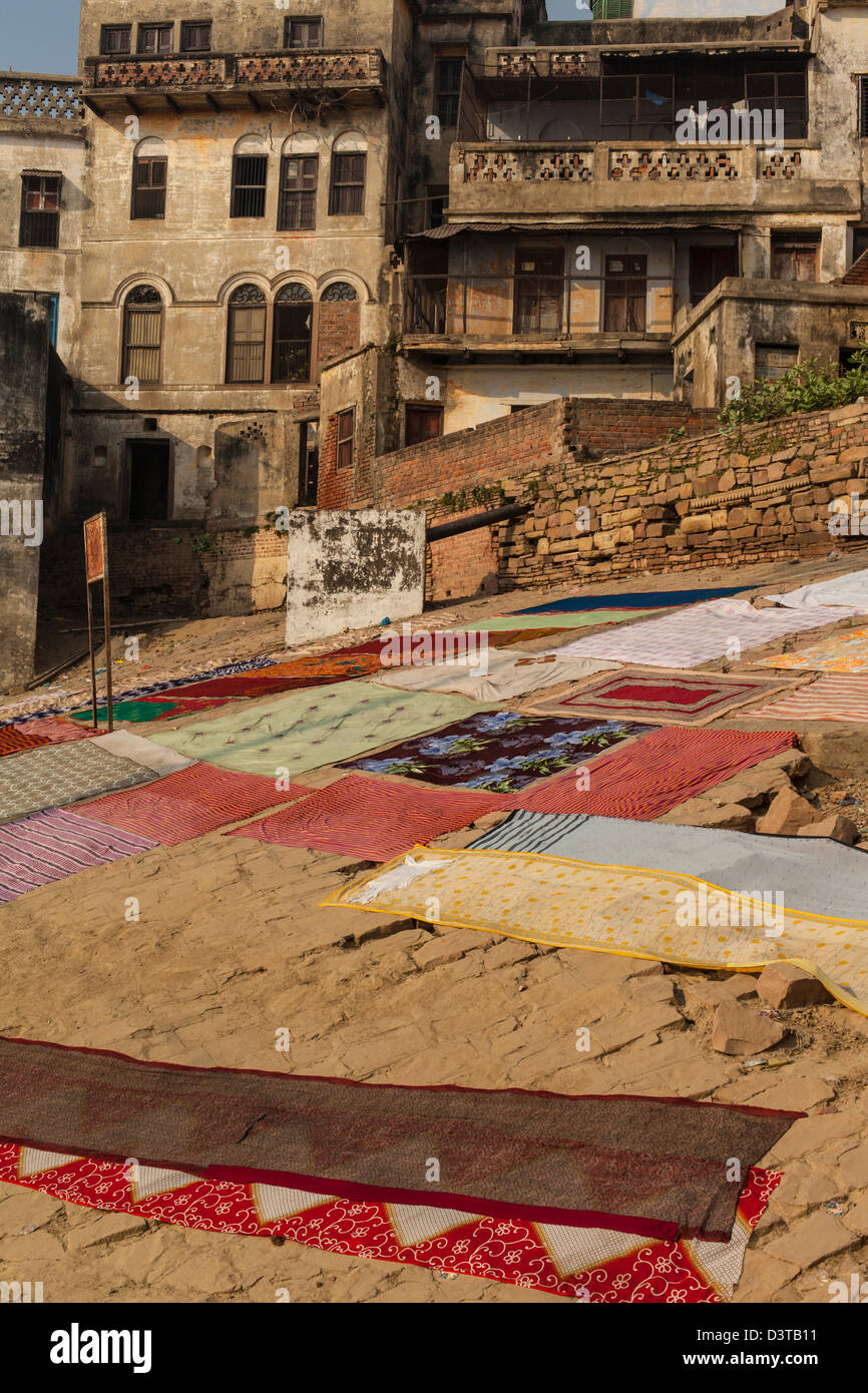 washing laid out to dry in the sun, Varanasi, India Stock Photo Alamy