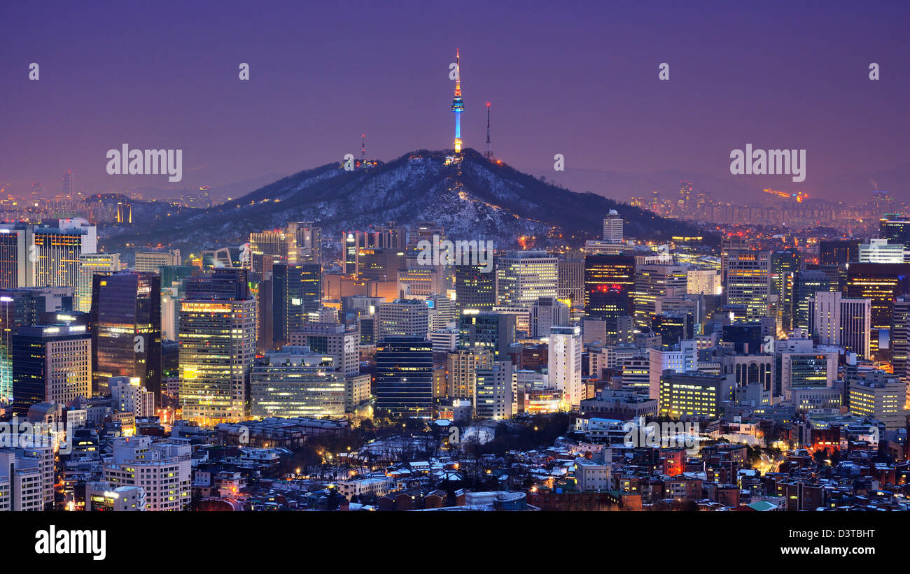 Downtown skyline of Seoul, South Korea with Seoul Tower. Stock Photo