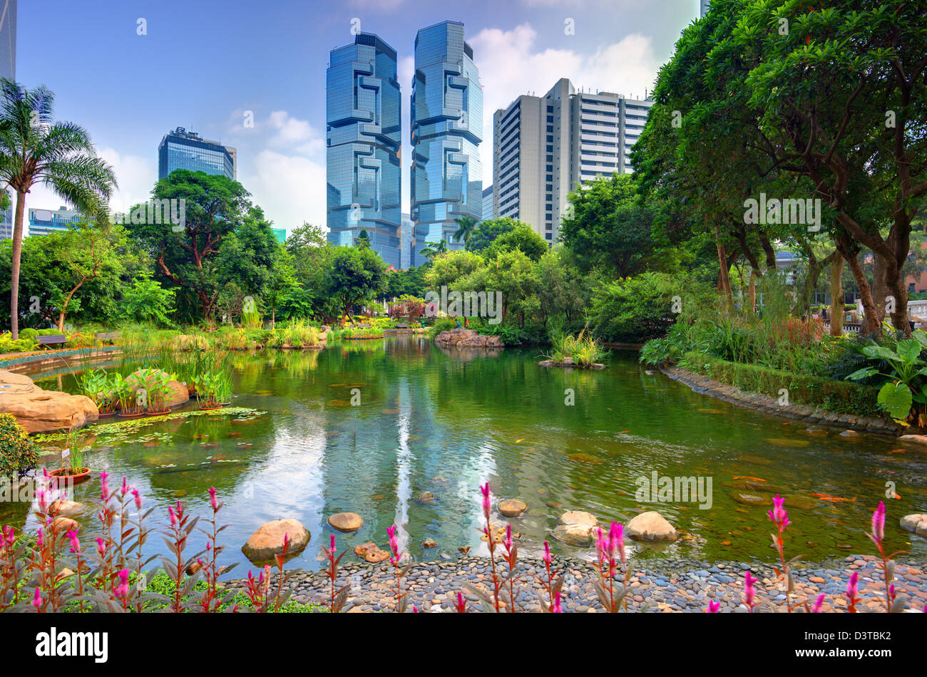 View of high rises from Hong Kong Park in Hong Kong, China Stock Photo