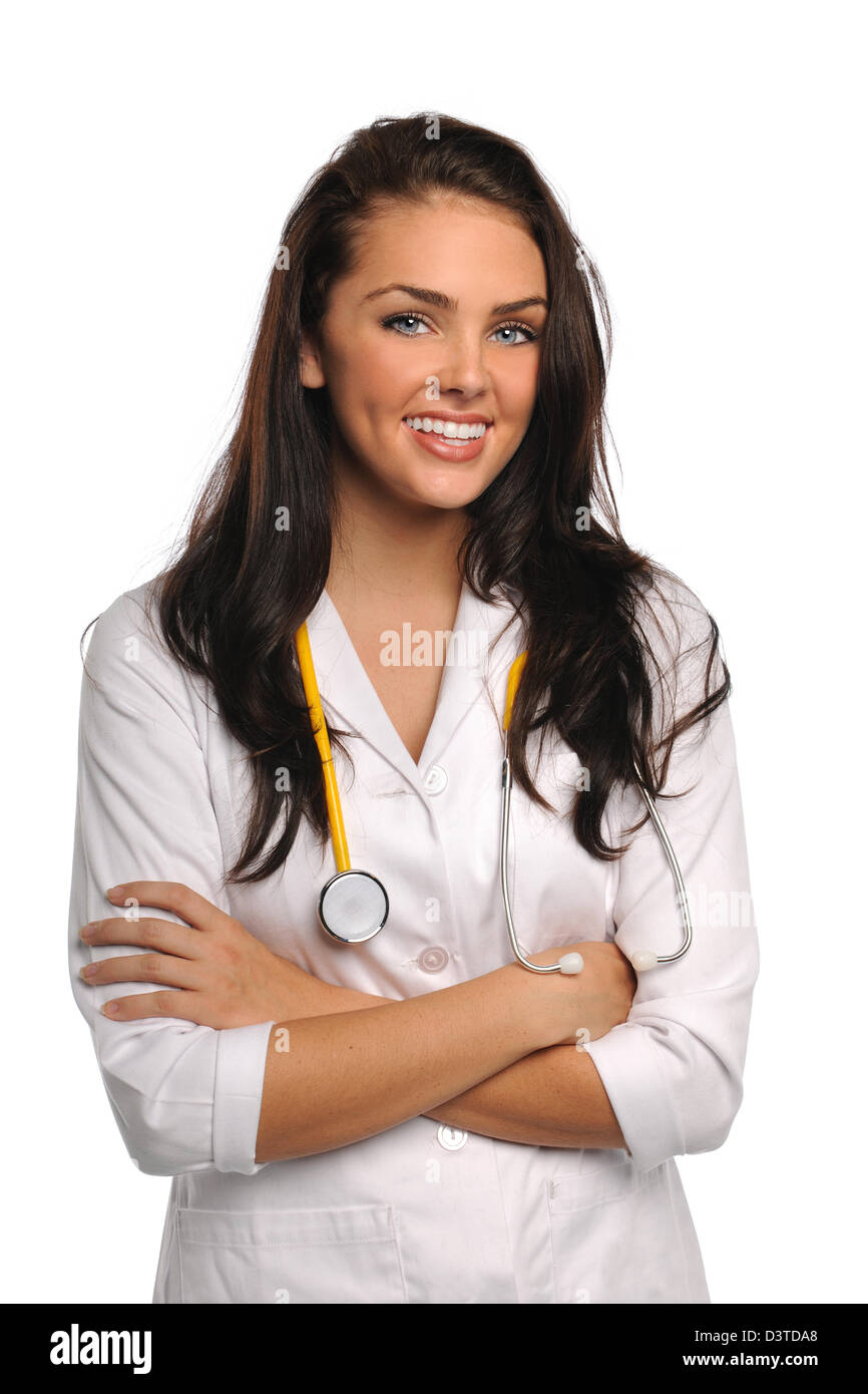 Portrait of beautiful doctor or nurse smiling isolated over white background Stock Photo