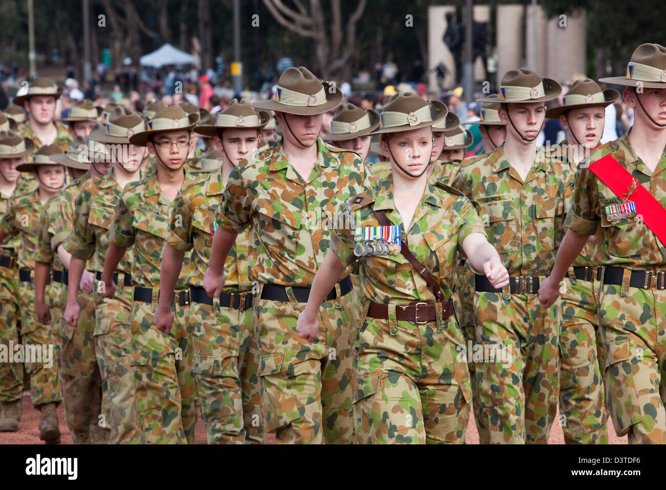 Young Army personnel marching in parade during Anzac Day Commemorations. Canberra, Australian