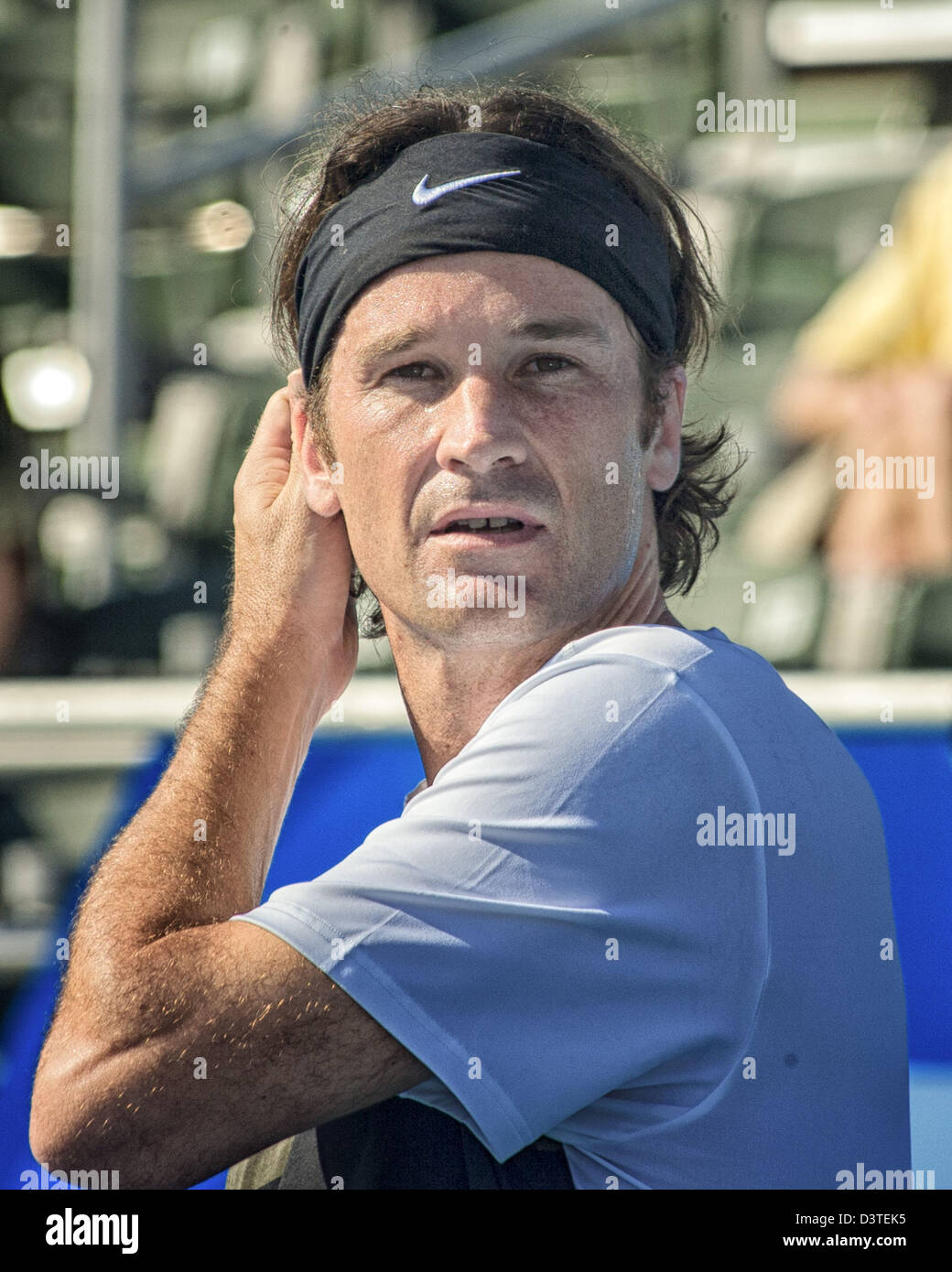 Delray Beach, Florida, U.S. 24th Feb, 2013.  Carlos Moya became the first two-time ATP Champions Tour winner at the Delray Beach ITC when he defeated Hall of Famer John McEnroe 6-4, 6-2 Sunday in the final of the three day tournament. The International Tennis Championships is an ATP World Tour 250 series men's tennis tournament held every year in Delray Beach, Florida. Nike sponsored athlete Carlos Moya. (Credit Image: Credit:  Arnold Drapkin/ZUMAPRESS.com/Alamy Live News/Alamy Live News) Stock Photo