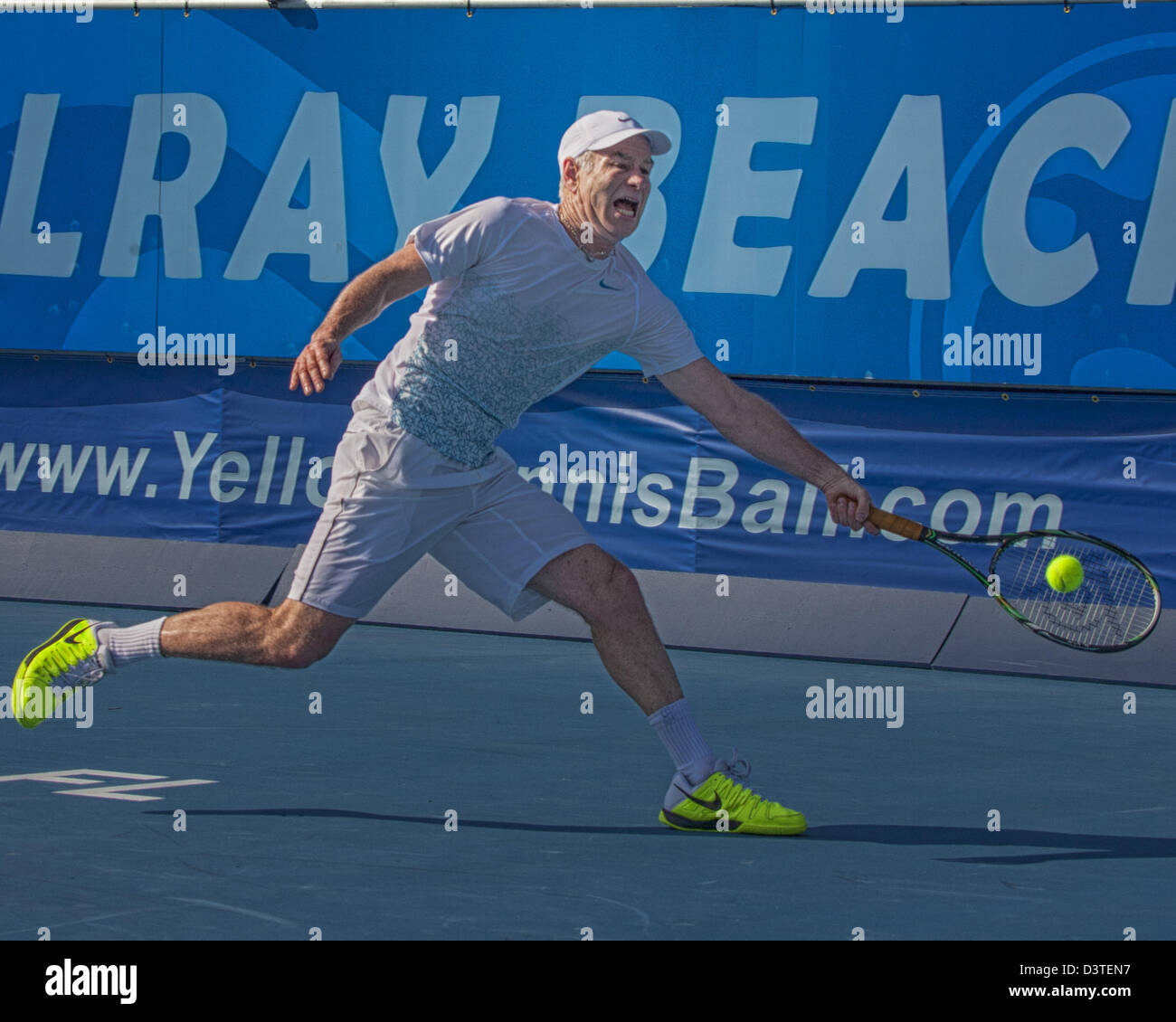 Delray Beach, Florida, USA. 24th Feb, 2013.  Tennis legend and Hall of Famer John McEnroe was defeated in the ATP Champions Tour final 6-4, 6-2 by Carlos Moya who became the first two-time ATP Champions Tour winner at the Delray Beach ITC. The International Tennis Championships is an ATP World Tour 250 series men's tennis tournament held every year in Delray Beach, Florida. Nike sponsored athlete John McEnroe. (Credit Image: Credit:  Arnold Drapkin/ZUMAPRESS.com/Alamy Live News/Alamy Live News) Stock Photo