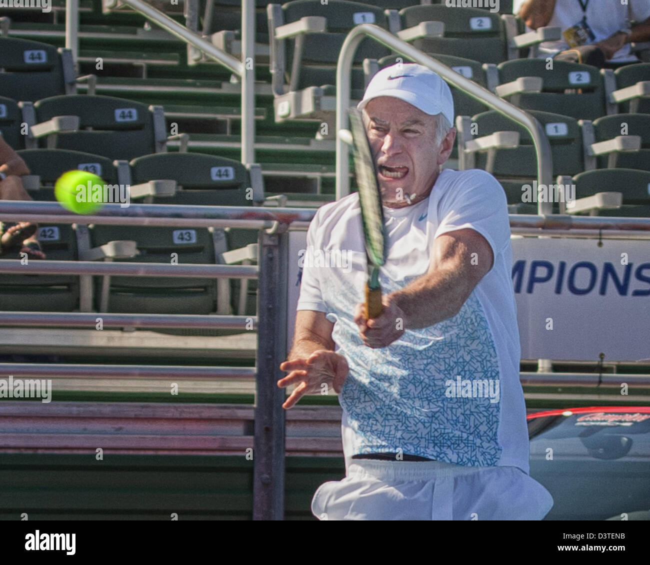 Delray Beach, Florida, USA. 24th Feb, 2013.  Tennis legend and Hall of Famer John McEnroe was defeated in the ATP Champions Tour final 6-4, 6-2 by Carlos Moya who became the first two-time ATP Champions Tour winner at the Delray Beach ITC. The International Tennis Championships is an ATP World Tour 250 series men's tennis tournament held every year in Delray Beach, Florida. Nike sponsored athlete John McEnroe. (Credit Image: Credit:  Arnold Drapkin/ZUMAPRESS.com/Alamy Live News/Alamy Live News) Stock Photo