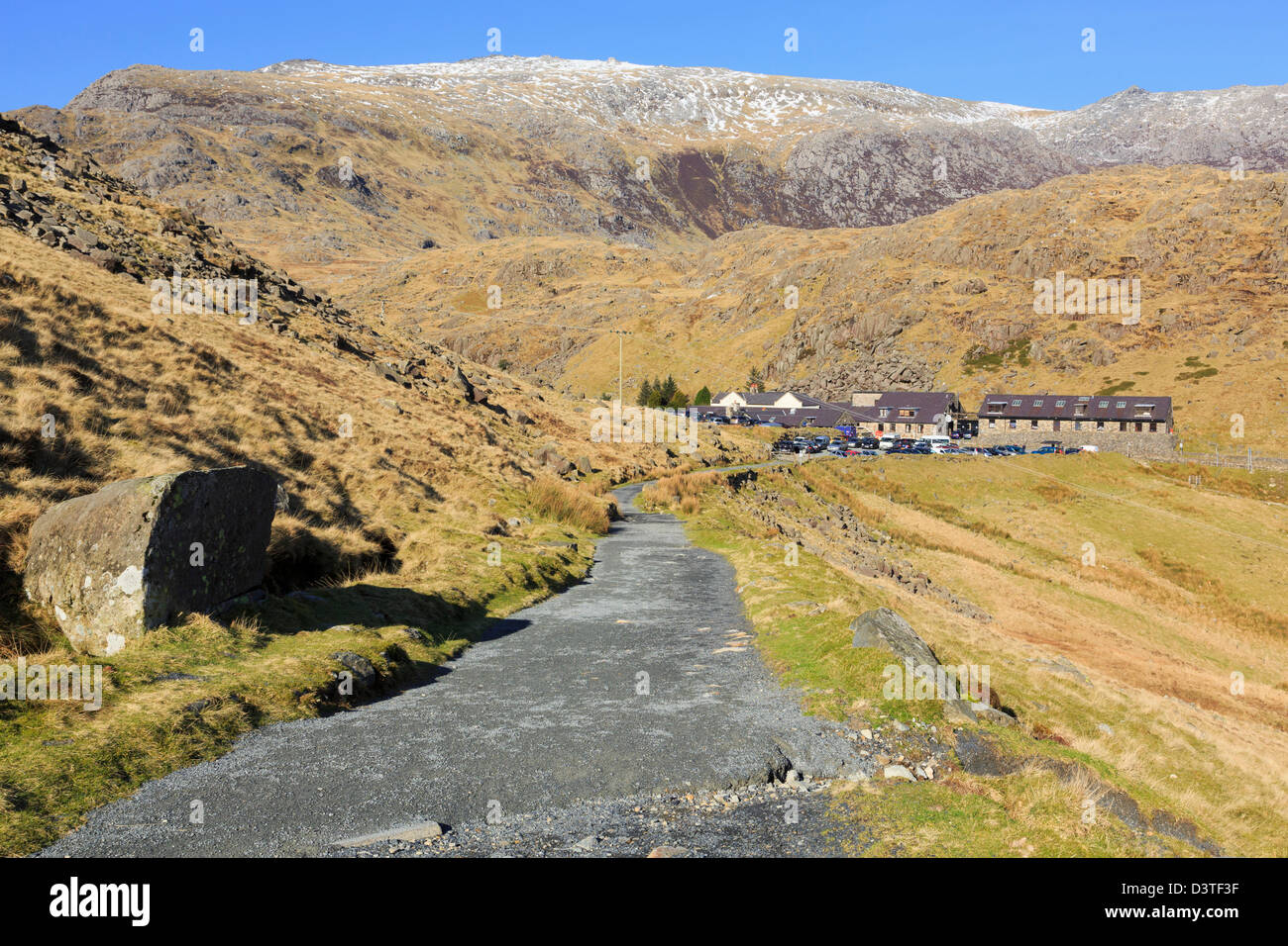 Pen-y-Pass from Miners track route to and from Mount Snowdon in mountains of Snowdonia National Park, Gwynedd, North Wales, UK Stock Photo