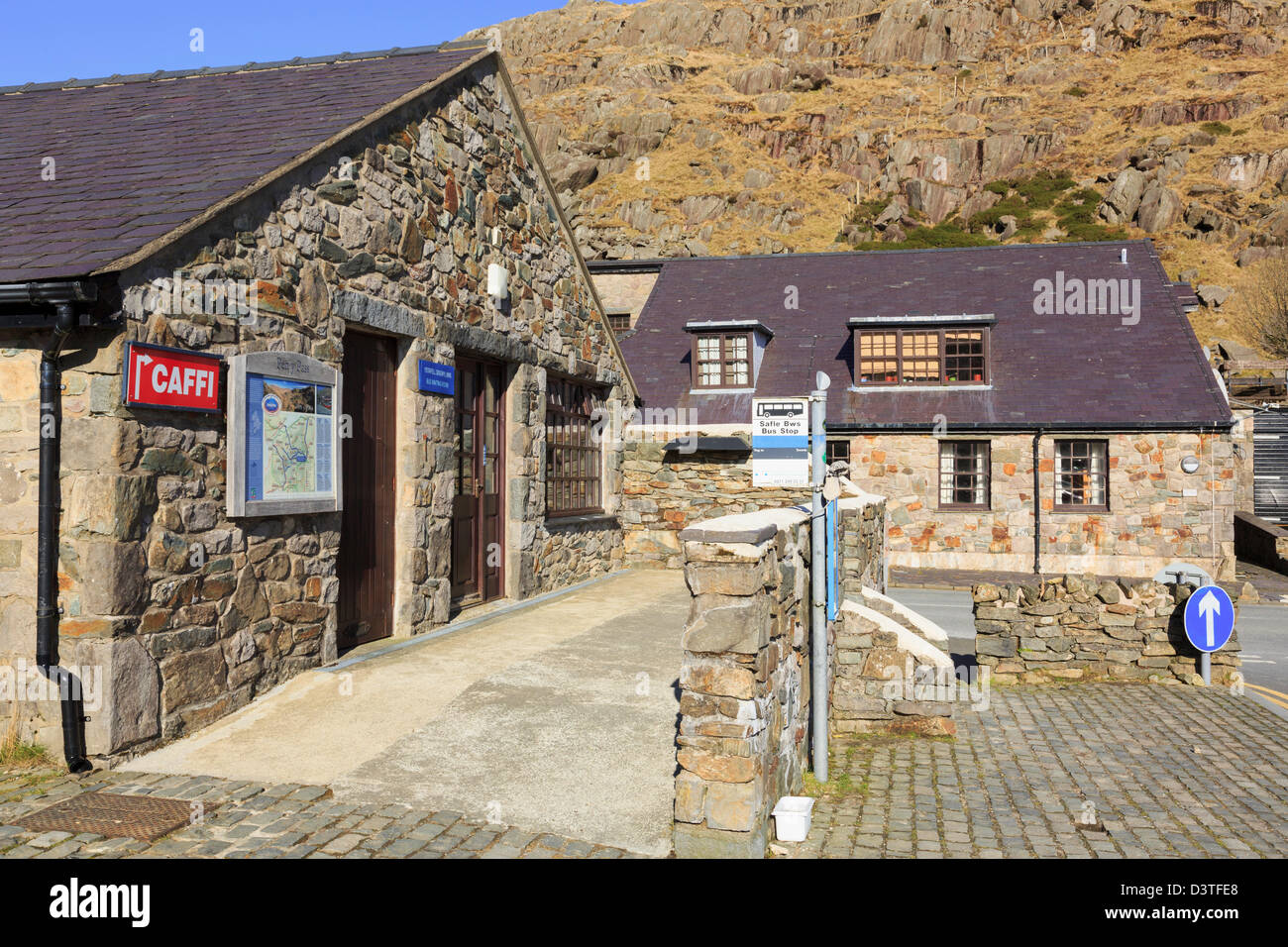 Sherpa bus stop and waiting room at Pen-y-Pass car park and cafe in Snowdonia National Park, Gwynedd, North Wales, UK, Britain Stock Photo