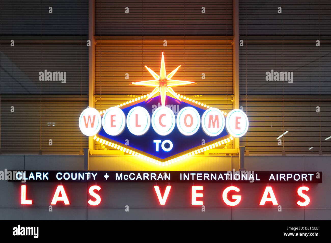 Sign reading Welcome to Las Vegas, Clark County, Terminal 3, McCarran International Airport, Las Vegas, Nevada Stock Photo