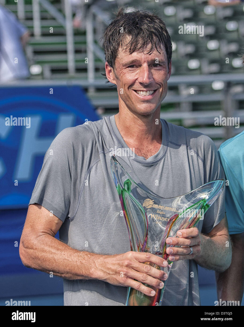 Delray Beach, Florida, USA. 24th February 2013.  Aaron Krickstein (USA) took home the third-place trophy, rallying from a first-set loss to defeat Mats Wilander (SWE) 4-6, 7-5 (10-5). Krickstein, who runs a tennis academy in nearby Boca Raton, won two of his three matches during the three-day event and improved his record to 7-6 at the Delray Beach ITC. The International Tennis Championships is an ATP World Tour 250 series men's tennis tournament held every year in Delray Beach, Florida. (Credit Image: Credit:  Arnold Drapkin/ZUMAPRESS.com/Alamy Live News) Stock Photo