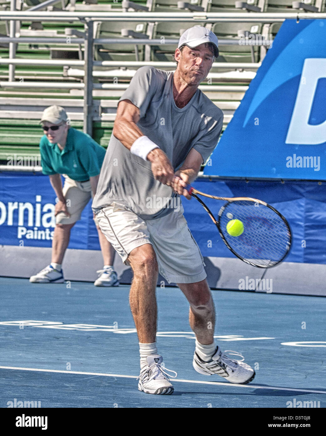 Delray Beach, Florida, USA. 24th February 2013.  Aaron Krickstein (USA) took home the third-place trophy, rallying from a first-set loss to defeat Mats Wilander (SWE) 4-6, 7-5 (10-5). Krickstein, who runs a tennis academy in nearby Boca Raton, won two of his three matches during the three-day event and improved his record to 7-6 at the Delray Beach ITC. The International Tennis Championships is an ATP World Tour 250 series men's tennis tournament held every year in Delray Beach, Florida. (Credit Image: Credit:  Arnold Drapkin/ZUMAPRESS.com/Alamy Live News) Stock Photo