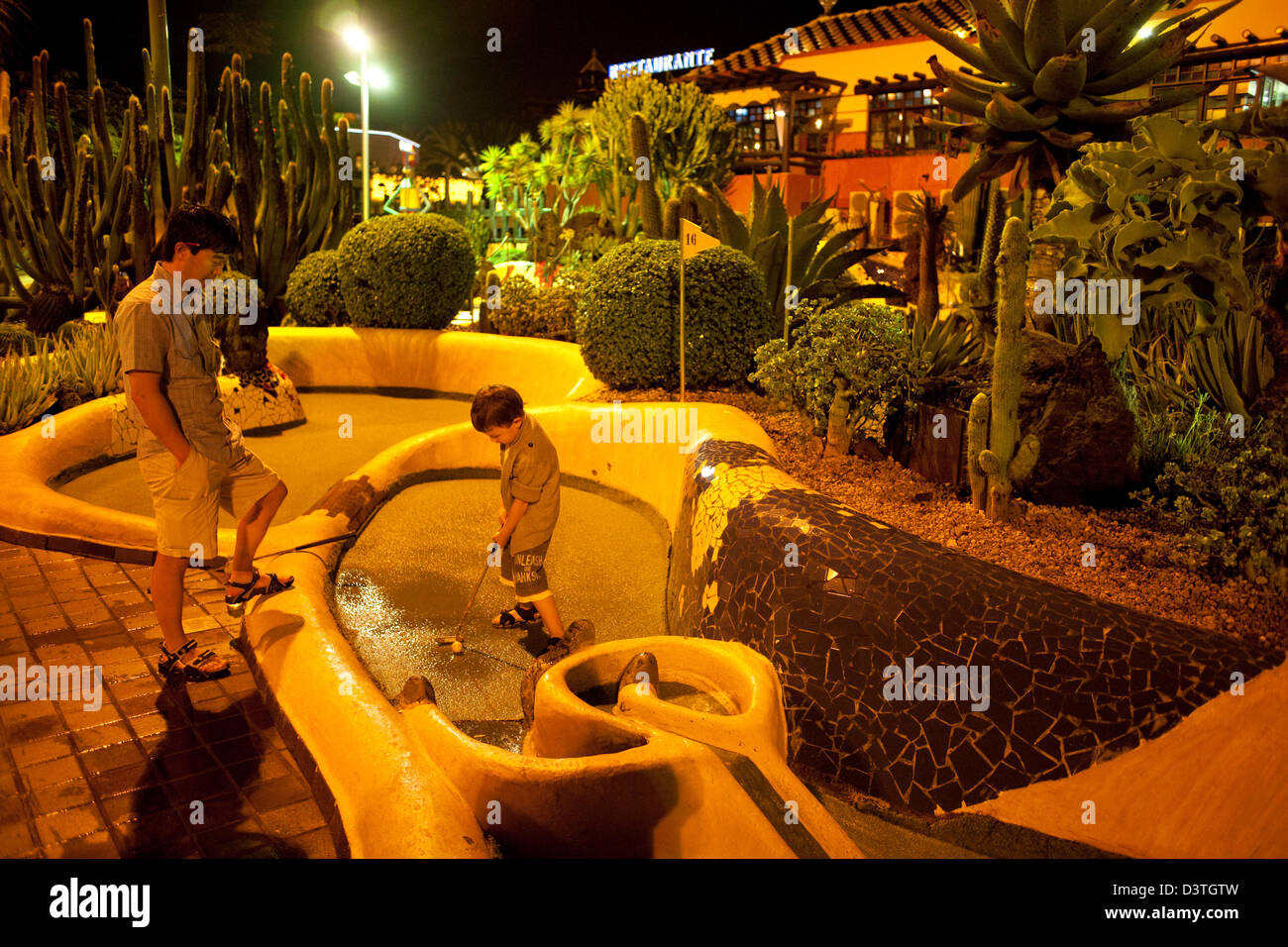 Playa de las Americas, Spain, father and son on a miniature golf course in  Tenerife Stock Photo - Alamy